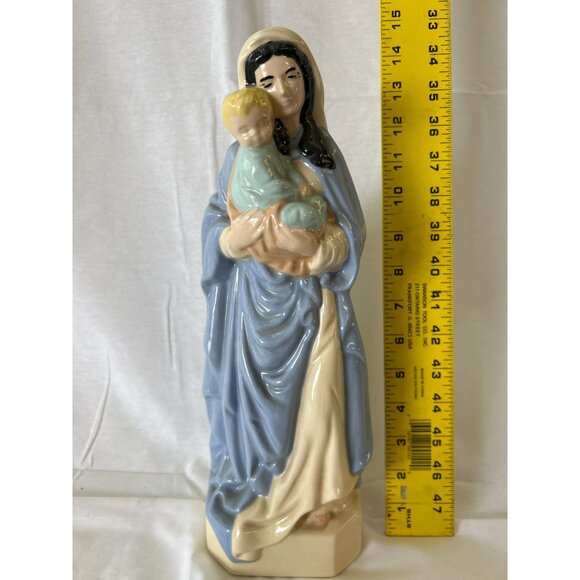 Vintage Ceramic Virgin Mary Holding Baby Jesus Figurine 15" Religious Decor Blue - Picture 2 of 2